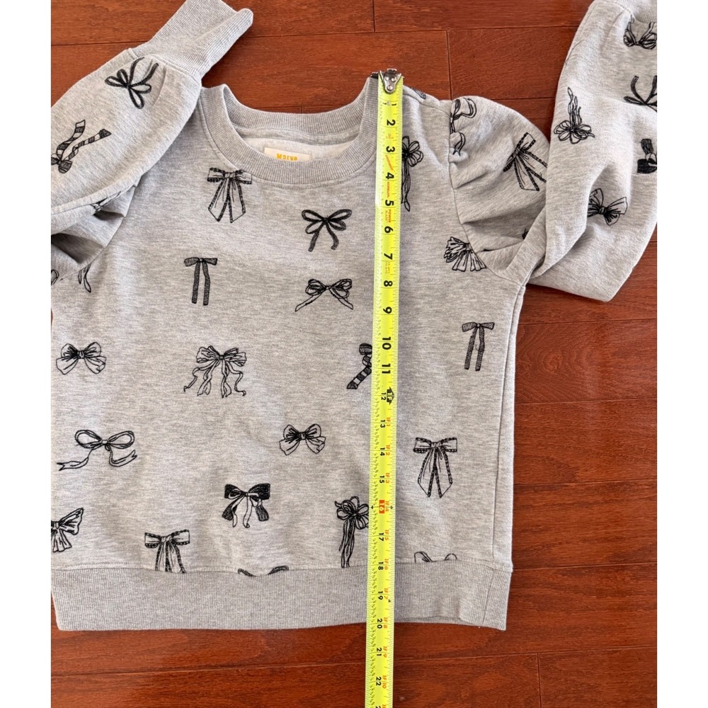 Maeve by Anthropologie Bow Print Embroidered Sweatshirt Puff Sleeve Gray Sz XS - Picture 6 of 9